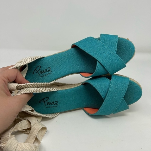 Pinaz Made in Spain Turquoise Blue & White Lace Up Espadrille Wedges Size 38 - Picture 11 of 15